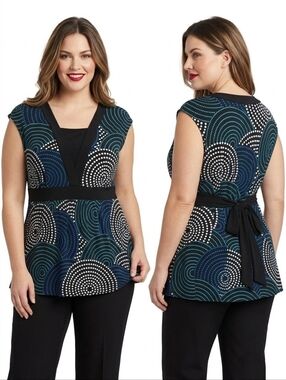 Susan Lawrence 3X Black & Blue Tie Back Blouse